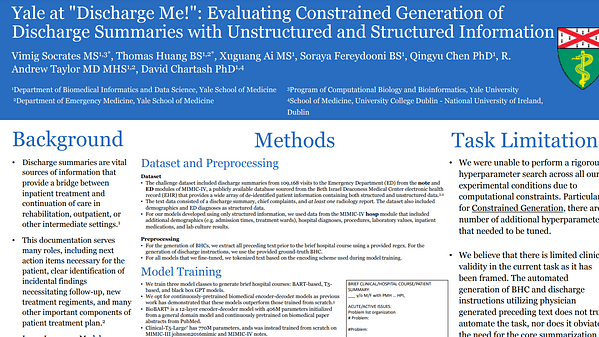 Yale at "Discharge Me!": Evaluating Constrained Generation of Discharge Summaries with Unstructured and Structured Information