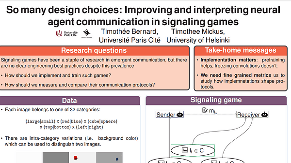 So many design choices: Improving and interpreting neural agent communication in signaling games