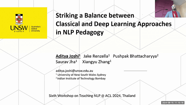 Striking a Balance between Classical and Deep Learning Approaches in Natural Language Processing Pedagogy