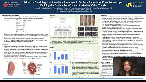Adductor Canal Regional Anesthetic Placement in Pediatric Patients for Knee Arthroscopy: Defining the Optimal Location and Analysis of Other Trends