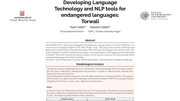 Developing Language Technology and NLP tools for endangered languages: Torwali