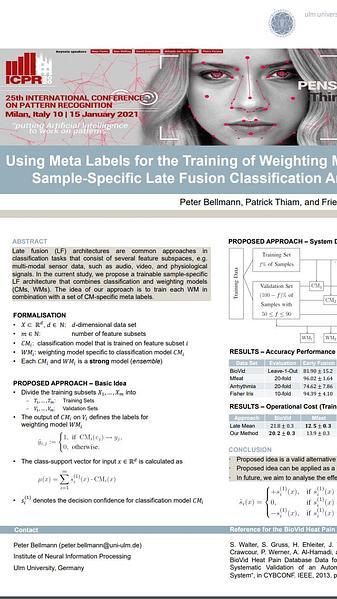 Using Meta Labels for the Training of Weighting Models in a Sample-Specific Late Fusion Classification Architecture