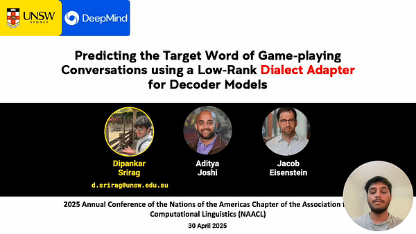 Predicting the Target Word of Game-playing Conversations using a Low-Rank Dialect Adapter for Decoder Models