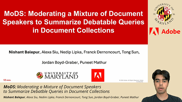 MoDS: Moderating a Mixture of Document Speakers to Summarize Debatable Queries in Document Collections
