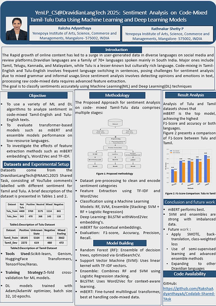 YenLP_CS@DravidianLangTech 2025: Sentiment Analysis on Code-Mixed Tamil-Tulu Data Using Machine Learning and Deep Learning Models