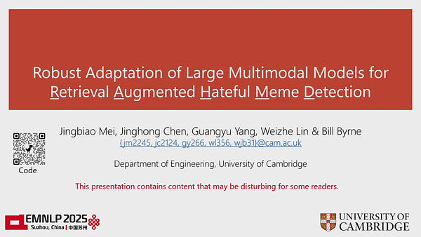 Robust Adaptation of Large Multimodal Models for Retrieval Augmented Hateful Meme Detection