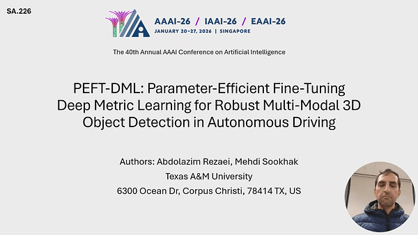 PEFT-DML: Parameter-Efficient Fine-Tuning Deep Metric Learning for Robust Multi-Modal 3D Object Detection in Autonomous Driving (Student Abstract)