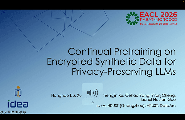 Continual Pretraining on Encrypted Synthetic Data for Privacy-Preserving LLMs