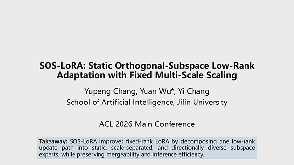 SOS-LoRA: Static Orthogonal-Subspace Low-Rank Adaptation with Fixed Multi-Scale Scaling