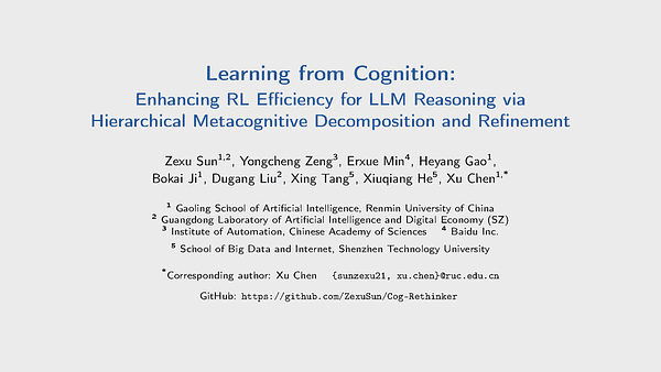 Learning from Cognition: Enhancing RL Efficiency for LLM Reasoning via Hierarchical Metacognitive Decomposition and Refinement