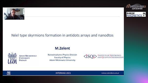 Néel type skyrmions formation in nanodots and antidot arrays.