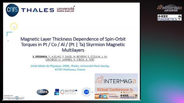  Magnetic Layer Thickness Dependence of Spin-Orbit Torques in Pt / Co / Al / (Pt | Ta) Skyrmion Magnetic Multilayers.
