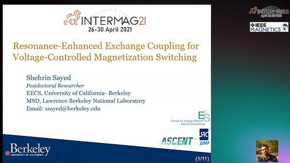  Resonance-enhanced exchange coupling for voltage-controlled magnetization switching