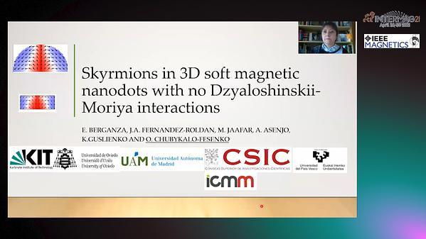  Skyrmions in 3D soft magnetic nanodots with no Dzyaloshinskii-Moriya interactions