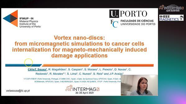  Vortex nano-discs: from micromagnetic simulations to cancer cells internalization for magneto-mechanically induced damage applications.