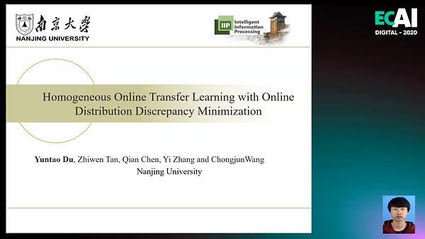 Homogeneous Online Transfer Learning with Online Distribution Discrepancy Minimization