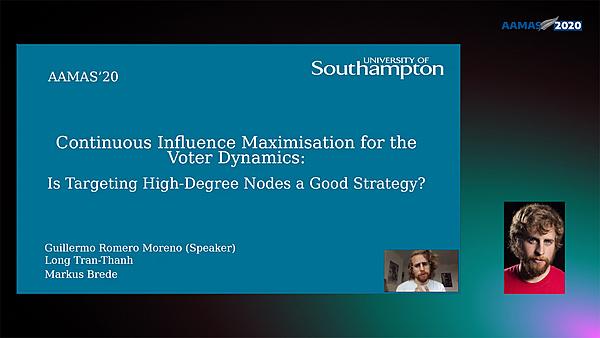 Continuous Influence Maximisation for the Voter Dynamics: Is Targeting High-Degree Nodes a Good Strategy?