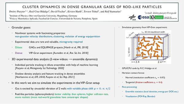 Cluster dynamics in dense granular gases of rod-like particles