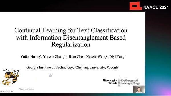 Continual Learning for Text Classification with Information Disentanglement Based Regularization
