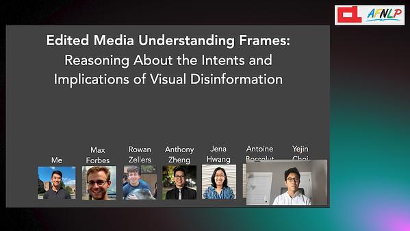 Edited Media Understanding Frames: Reasoning About the Intent and Implications of Visual Misinformation