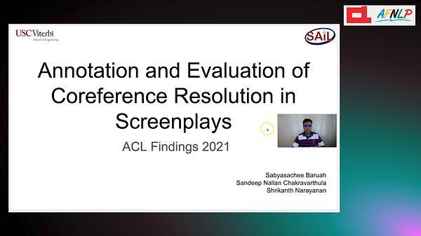 Annotation and Evaluation of Coreference Resolution in Screenplays