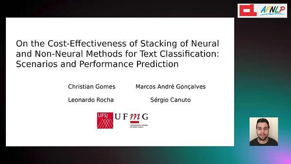 On the Cost-Effectiveness of Stacking of Neural and Non-Neural Methods for Text Classification: Scenarios and Performance Prediction