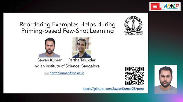 Reordering Examples Helps during Priming-based Few-Shot Learning