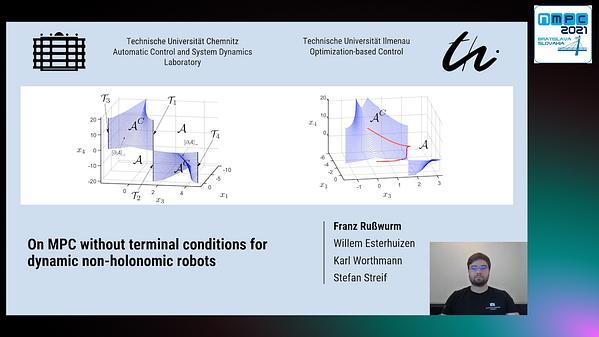 On MPC without terminal conditions for dynamic non-holonomic robots