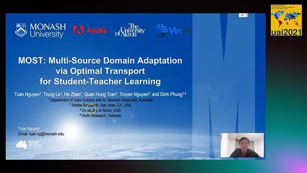 Multi-Source Domain Adaptation via Optimal Transport for Student-Teacher Learning