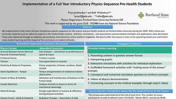 Implementation of a Full Year Introductory Physics Sequence Pre-Health Students