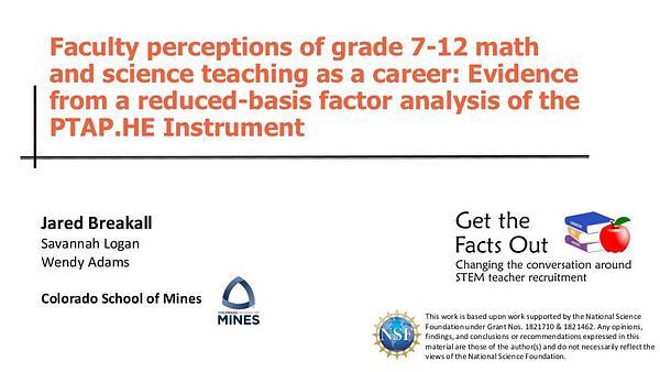 Faculty perceptions of grade 7-12 math and science teaching as a career: Evidence from a reduced-basis factor analysis of the PTAP.HE Instrument