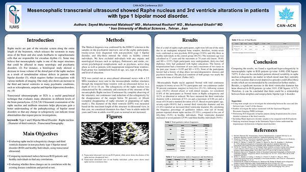 Mesencephalic transcranial ultrasound in patients with type 1 bipolar mood disorder showed Raphe nucleus hypoechogenicity and 3rd ventricle diameter elevation in comparison with the control group.