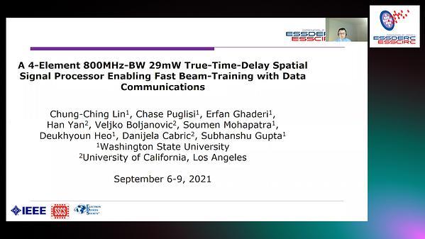 A 4-Element 800MHz-BW 29mW True-Time-Delay Spatial Signal Processor Enabling Fast Beam-Training with Data Communications