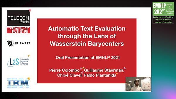 Automatic Text Evaluation through the Lens of Wasserstein Barycenters