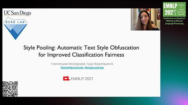 Style Pooling: Automatic Text Style Obfuscation for Improved Classification Fairness