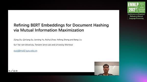 Refining BERT Embeddings for Document Hashing via Mutual Information Maximization
