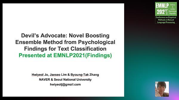 Devil's Advocate: Novel Boosting Ensemble Method from Psychological Findings for Text Classification