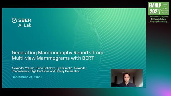 Generating Mammography Reports from Multi-view Mammograms with BERT