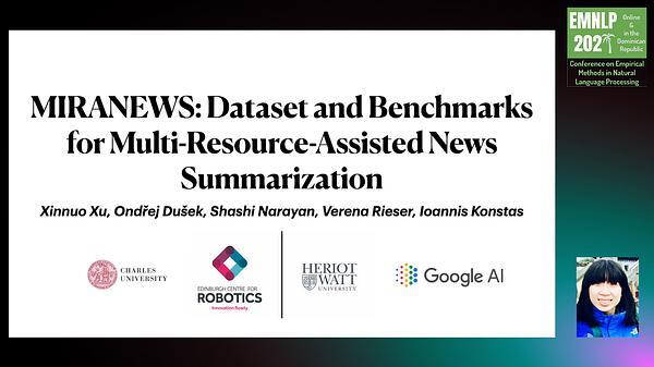 MiRANews: Dataset and Benchmarks for Multi-Resource-Assisted News Summarization