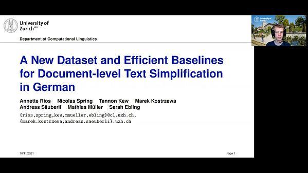 A New Dataset and Efficient Baselines for Document-level Text Simplification in German