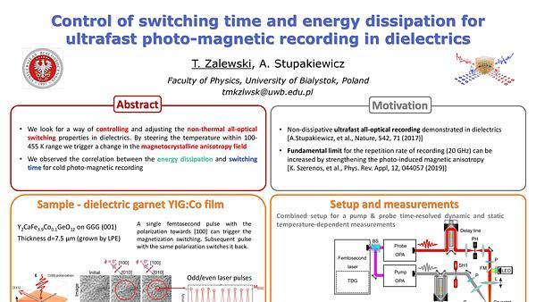 Control of switching time and energy dissipation for ultrafast photo-magnetic recording in dielectrics