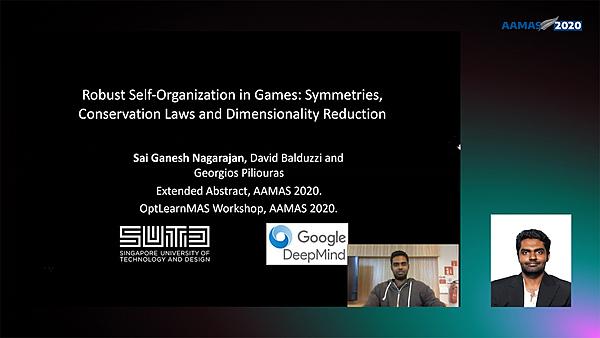 Robust Self-Organization in Games: Symmetries, Conservation Laws and Dimensionality Reduction