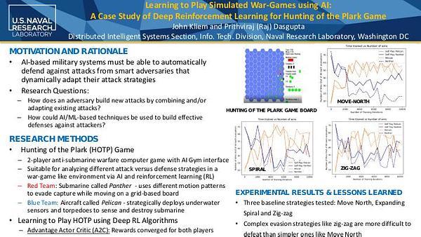 Learning to Play Simulated War-Games using AI: A Case Study of Deep Reinforcement Learning for Hunting of the Plark Game