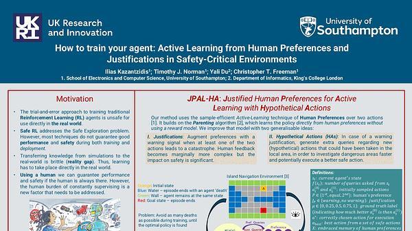 How to train your agent: Active Learning from Human Preferences and Justifications in Safety-critical Environments