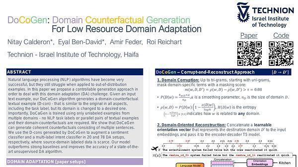 DoCoGen: Domain Counterfactual Generation for Low Resource Domain Adaptation