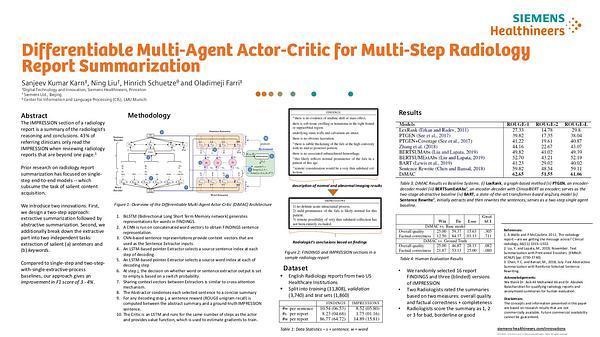 Differentiable Multi-Agent Actor-Critic for Multi-Step Radiology Report Summarization
