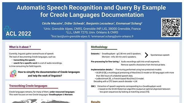 Automatic Speech Recognition and Query By Example for Creole Languages Documentation