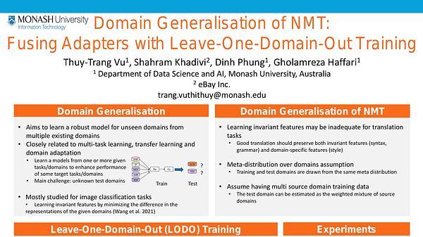 Domain Generalisation of NMT: Fusing Adapters with Leave-One-Domain-Out Training