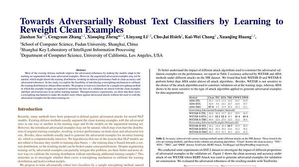 Towards Adversarially Robust Text Classifiers by Learning to Reweight Clean Examples