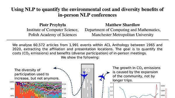 Using NLP to quantify the environmental cost and diversity benefits of in-person NLP conferences
